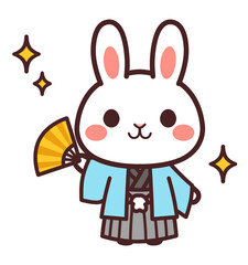 扇を持った兎のかわいいキャラクター　着物　イラスト素材