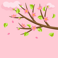 Spring tree branch with flowers and leaves. Seasonal illustration.