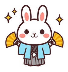 両手に扇を持った兎のかわいいキャラクター　着物　イラスト素材