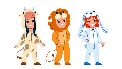 Kids Wearing Funny Animal Pajamas Together Vector. Children Boy And Girl In Cow, Lion And Bunny Cute Animal Pajamas Clothes. Characters In Stylish Clothing On Festival Flat Cartoon Illustration