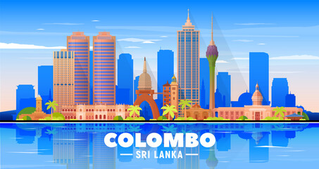 Colombo (Sri Lanka) skyline with panorama in sky background. Vector Illustration. Business travel and tourism concept with modern buildings. Image for presentation, banner, placard and web site. - obrazy, fototapety, plakaty