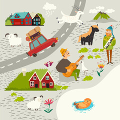 Abstract cute map square size. Road with a rad car, volcanos, mountains and clouds. Musician characters with a synthesizer.  Cartoon abstract vector illustration - 504128997