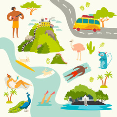 Abstract cute map. River and people characters, summer trip  colorful vector illustration. Cartoon abstract atlas illustration