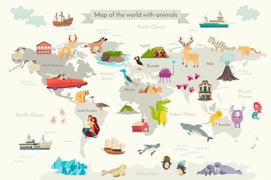 Abstract illustrated world map for children, kids. Сartoon colorful vector illustration. People characters,funny detailed, animals characters and other elements cartoon poster © coffeee_in