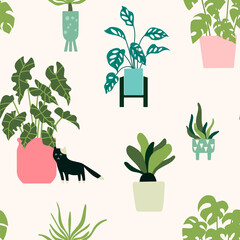 Home potted plants vector pattern. Natural colors Seamless background in flat style. Trendy prints
