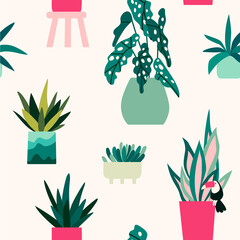 Home plants vector pattern. Natural colors print. Boho style. Seamless background  - 504129332