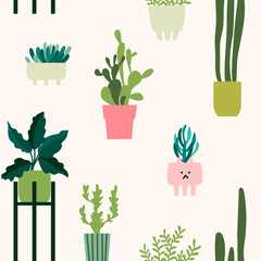 Home potted plants vector pattern. Natural colors print. Boho style. Seamless background  - 504129333