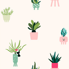 Homepotted plants vector pattern. Natural colors
print. Seamless background in flat style - 504129334
