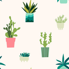Home plants vector pattern. Natural colors print. Boho style. Seamless background  - 504129337