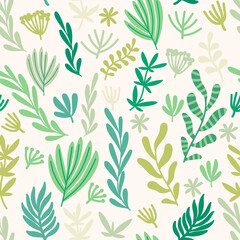 Herbal, leaf and floral vector pattern. Flower and green leaves seamless background  - 504129383
