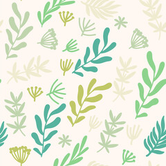 Herbal, leaf and floral vector pattern. Flower and green leaves seamless background  - 504129384