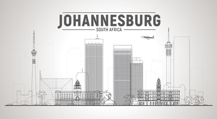 Fototapeta premium Johannesburg, ( South Africa ) line city skyline vector illustration white background. Business travel and tourism concept with modern buildings. Image for presentation, banner, web site.