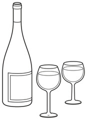 Vector Burgundy bottle with goblets. Glasses of wine. Wineglasses outline illustration