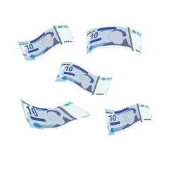Tunisian Dinar Vector Illustration. Tunisia money set bundle banknotes. Falling, flying money 10 TND. Flat style. Isolated on white background. Simple minimal design.