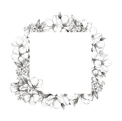 Obraz premium Square vintage frame with spring flowers. Pencil drawing.