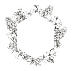 Geometric frame with spring flowers and ladybug, graphic illustration.