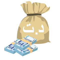 Tunisian Dinar Vector Illustration. Tunisia money set bundle banknotes. Money bag 10 TND. Flat style. Isolated on white background. Simple minimal design.