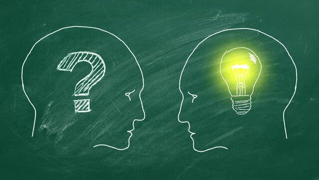 Two human heads face to face. Left head with question mark inside and right head with lightbulb inside. Illustration drawn in chalk on a chalkboard. Idea generation, FAQ. Question and answer, QA.