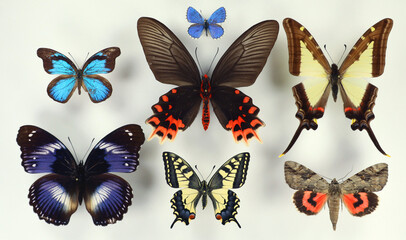 Collection of tropical butterflies in different colors and shapes. Isolated. Entomological...