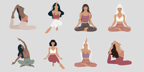 Women silhouettes. Collection of yoga poses in flat styles.