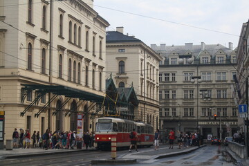 Fototapeta na wymiar Red tram on the street