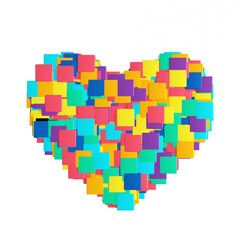 Heart made of small multi-colored squares isolated on a white background. Patchwork heart. 3d illustration