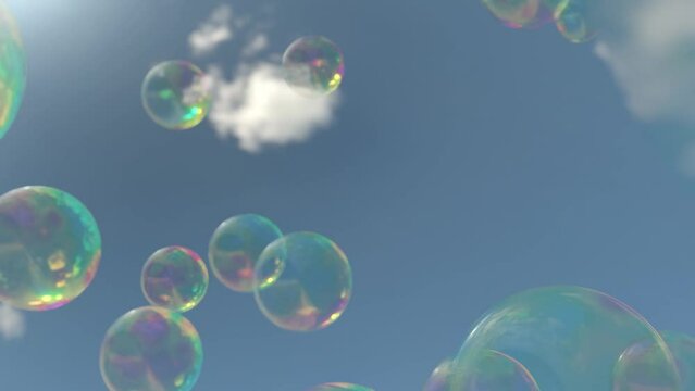 Soap bubbles sky 3d render animation. Colorful transparent soap bubbles floating away from camera to blue bright sky with white clouds.