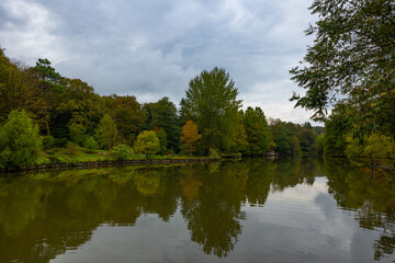 Fototapeta na wymiar Pond or lake in the forest at autumn or fall with cloudy sky