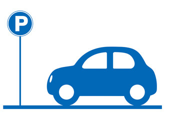 パーキングの標識に止まる自動車の側面横向きのアイコン・イラスト　白背景　パーキング標識