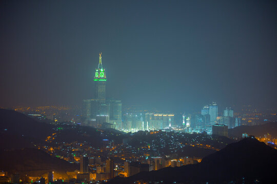 Skyline with Abraj Al Bait (Royal Clock Tower Makkah) in Makkah, Saudi Arabia. The tower is the tallest clock tower in the world at 601m (1972 feet).