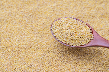 a pile of millet and millet in a wooden spoon.