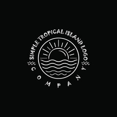 Tropical island line logo design. sun and sea line art logo design template.