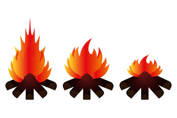 Campfire with orange flames in flat style, from brightly blazing to fading. Set of vector illustrations. Isolated background. Flat style. Ignition of wooden firewood. Hot flame of fire.