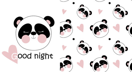 Goodnight.
Cute baby vector pattern
with a sleeping panda and hearts on a white background.
Print for printing on children's textiles and accessories.