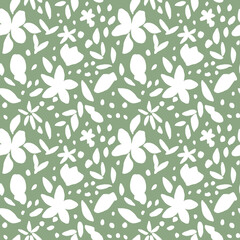 Pastel green floral seamless pattern. Summer botanical repeat print. White flowers leaves design on khaki background for wallpaper, wrapping, fabric, textile, decoration.