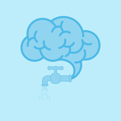 Human brain merged with thinking bubble shape flowing in running tap. Think before turn on water concept. Vector illustration outline flat design style.