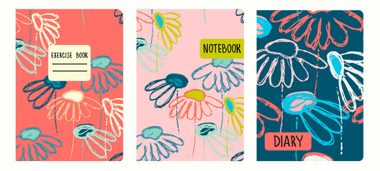 Fototapeta na wymiar Cover page vector templates based on seamless patterns with hand drawn Echinacea flowers. Backgrounds for notebooks, notepads, diaries. Headers isolated and replaceable