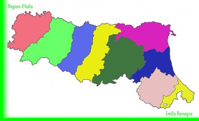 Italy: Design of the Emilia Romagna Region with the colored provinces.