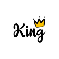 King vector lettering illustration, print, logo design with doodle, hand drawn crown.
