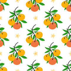 Cute cartoon style orange tree branch with fresh orange fruits, flowers and leaves vector seamless pattern background.