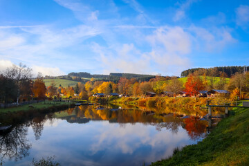 Reflection of nature and bright autumn colors in the lake Wirft, Stadtkyll, Germany