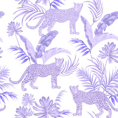 Obraz premium Safari background. Jungle wild seamless pattern with leopard, palm leaves. Isolated elements. Summer print. Exotic wallpaper.