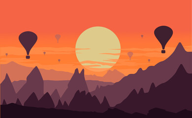 Fototapeta premium Sunset silhouette. Balloons.hot air balloon at mountain landscape vector flat design illustration