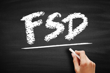 FSD - Functional Specifications Document is a document that specifies the functions that a system or component must perform, acronym text on blackboard - obrazy, fototapety, plakaty