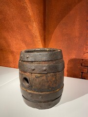 Wooden old beer barrel in the cave