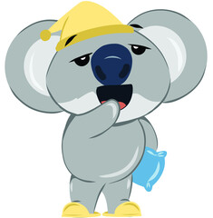 Naklejka premium Sleepy koala bear yawning while holding a pillow. Sleep deprived cute adorable anthropomorphized Australian animal.