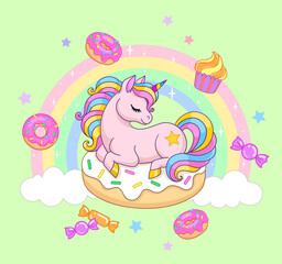 Pink unicorn sitting on a donut. Vector illustration