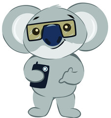 Cool anthropomorphized koala bear wearing sunglasses and holding mobile phone clicking selfie.
