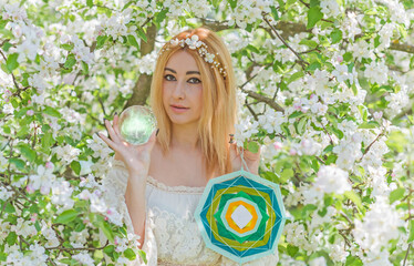  Woman with mandala and magic ball. Energy reiki concept, clean from negative energy