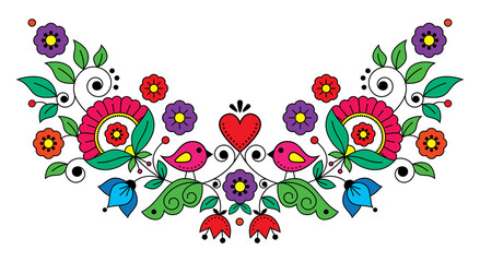Scandianvian traditional folk art vector design with flowers, birds and heart, cute long pattern inspired by embroidery art from Scandinavia
